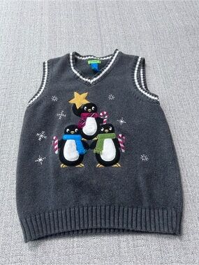 greendog Charcoal V-Neck Knit Vest White Trim & Penguins Size 7X